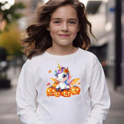 Niedliches Halloween Einhorn Sweatshirt | Herbstpullover für Kinder | Magisches Einhorndesign mit Kürbissen | Cozy Unisex Herbst Mode - DreamyDesignPrint
